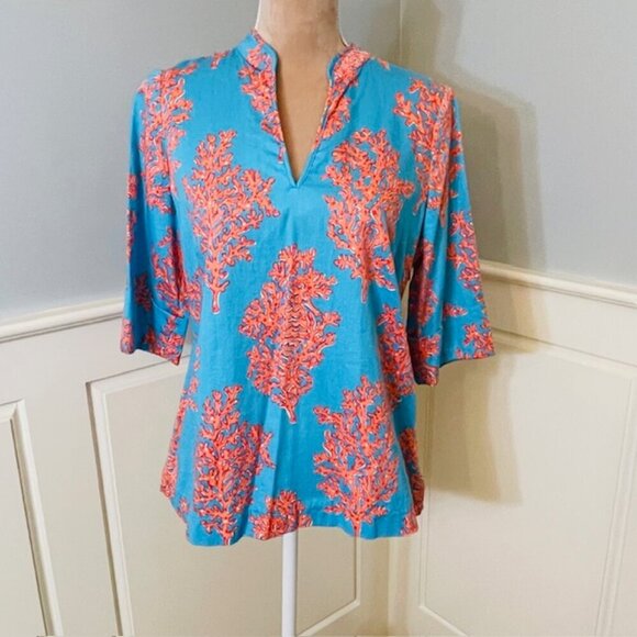 Lilly Pulitzer 100% Cotton Top Blouse Resortwear Turquoise Coral Siesta Medium - Picture 2 of 9